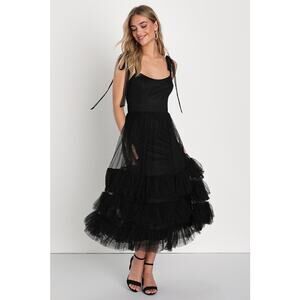 Lulu's Black Tiered Tulle Midi Dress with Tie Straps